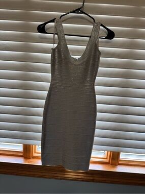 Herve Leger Silver Metallic Scoop Neck Bandage Mini Dress